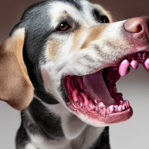Image similar to a dog opening its mouth to reveal human teeth that are highly detailed, very very realistic human teeth