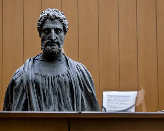 Image similar to Courtroom photograph of a marble statue angry with his attorney