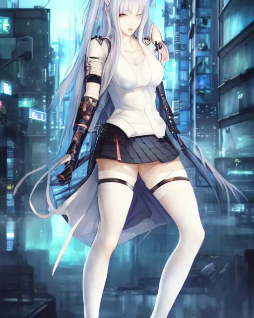 Image similar to The successful warrior is the average man, with laser-like focus, artwork by artgerm, anime, cyberpunk streets in Japan, elegant, seductive, long white hair, knee high socks, extra short blue plaid skirt, white blouse, army boots, high fantasy, CGsociety, full length, exquisite detail, post-processing, low angle, masterpiece, mystical, magical, art by Masamune Shirow