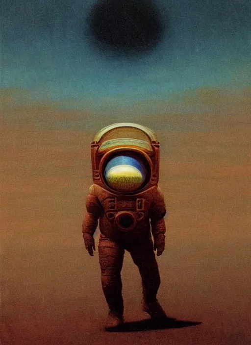 Image similar to A painting in a style of Beksinski featuring Elon Musk on mars. There is a group of rocket in the sky. Very detailed, symmetry