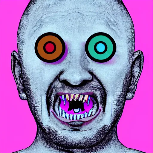 Image similar to man with a tab of lsd on his tounge, digital art by mad dog jones