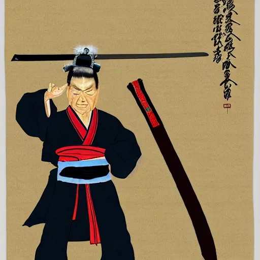 Image similar to donald trump dressed as a samurai holding a katana in a japanese edo period ink block painting, 4 k, hyper realistic, dslr, high resolution, landscape, beautiful
