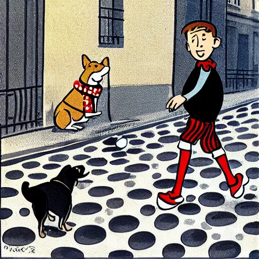 Image similar to book illustration of a french boy on the streets of paris playing football against a corgi, the dog is wearing a polka dot scarf, 1 9 6 6