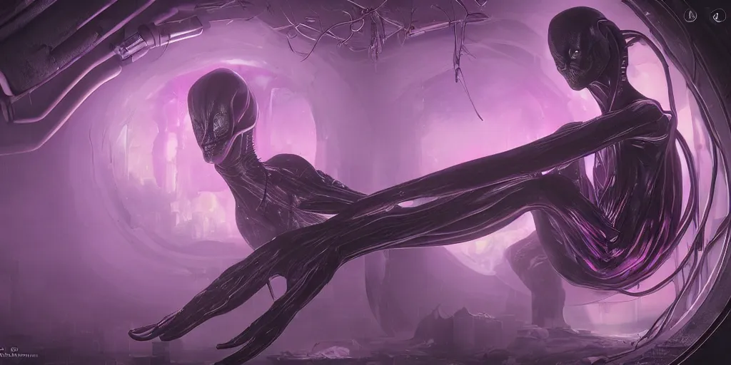 Prompt: A comic book illustration of a giant slender alien floating in a cryochamber filled with purple liquid, cyberpunk, 3d, epic, dim volumetric lighting, gloomy, high exposure colors, ominous, 8k resolution, deviantart, cryengine, octane render, hd, by Alphonse Mucha, Artgerm- H 768