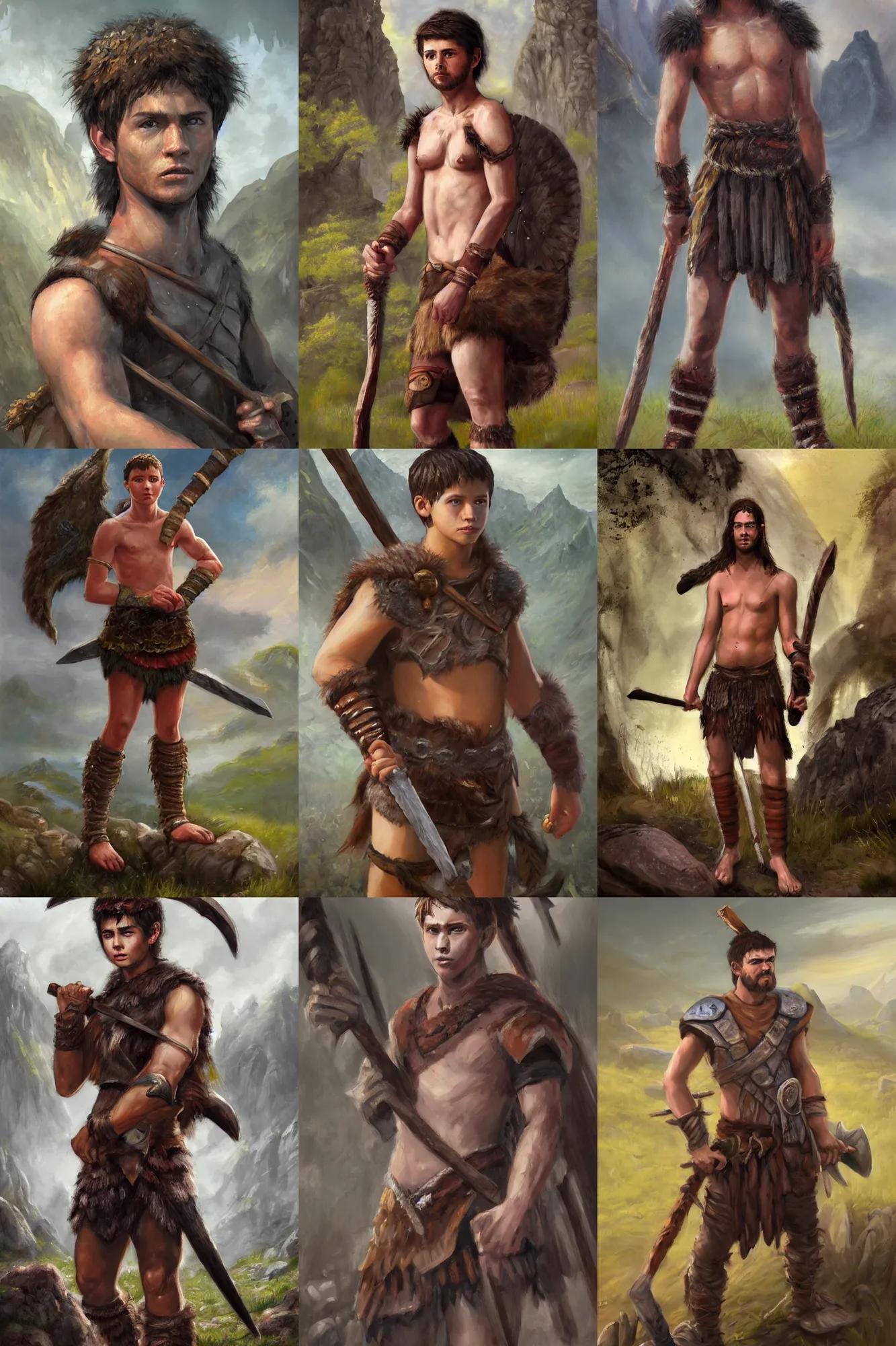 Prompt: a full body high detail fantasy portrait oil painting illustration of a single young stoic barbarian boy by Justin Sweet with face and body clearly visible, in a scenic background, pupils visible, realistic proportions, d&d, rpg, forgotten realms, artstation trending, high quality, sombre mood, artstation trending, muted colours, no crop, entire person visible!, natural light, Adobe Photoshop, Adobe Lightroom, photolab, Affinity Photo,