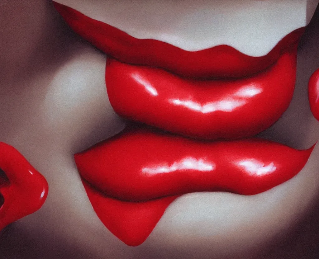 Image similar to realistic and detailed soft airbrush of a glossy scarlet red mouth on white background, inspired by 8 0's airbrush illustrations, art by masao saito