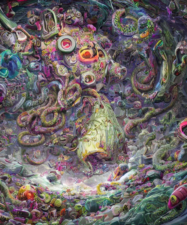 Image similar to hyperdetailed maximalist artwork by billelis inspired by oozium. Artstation. 8k 4k 64megapixels seen from below. Ant's eye perspective. Focus Giant floating alabaster skull drapped over with 1000 twirling emerald snakes. Unreal engine 5. Surreal render. Slightly blurry speedpainted minimal Swiss landscape below in the style of loish and holosomnia. Unrealistic harmonic colors. Sundown.