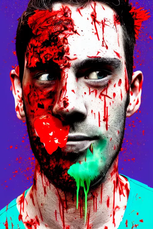 Image similar to guy covered with blood in his face - aesthetic, 4 k, comical, acrylic paint style, pencil style, torn cosmo magazine style, pop art style, ultrarealism, by mike swiderek, jorge lacera, ben lo, tyler west