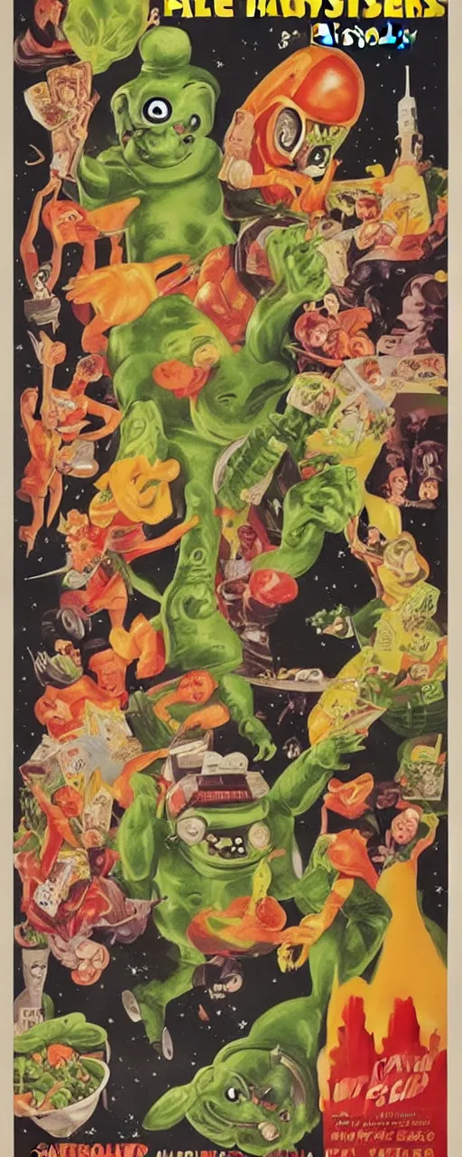 Image similar to vintage movie poster for salad monsters from outer space!