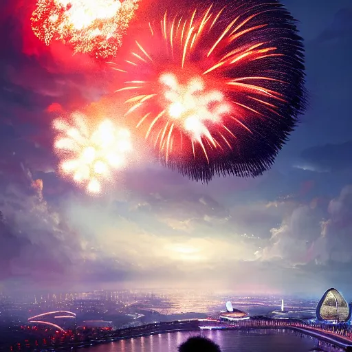 Prompt: Singapore city with a lion-shaped cloud in the sky and fireworks in the background, by greg rutkowski, red and white lighting, digital art, ultra realistic, ultra detailed, photorealistic, 4k, character concept