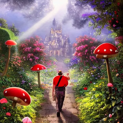 Image similar to portrait of Mario, walking through a garden of exotic flowers in the Mushroom Kingdom, giant red and white spotted mushrooms, and roses, from behind, Castle in distance, birds in the sky, sunlight and rays of light shining through trees, beautiful, solarpunk!!!, highly detailed, digital painting by Michael Garmash and Peter Mohrbacher