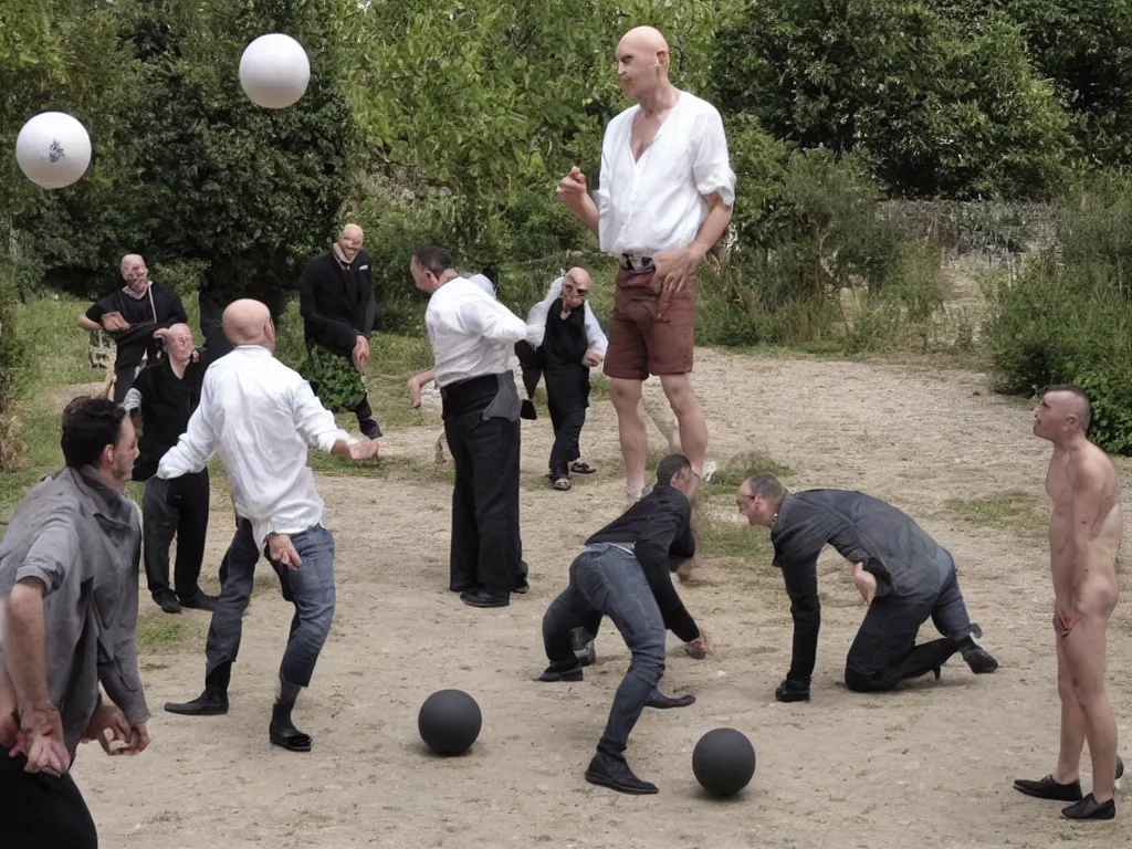 Prompt: nosferatu is playing petanque balls with one french fat dudes in south of france