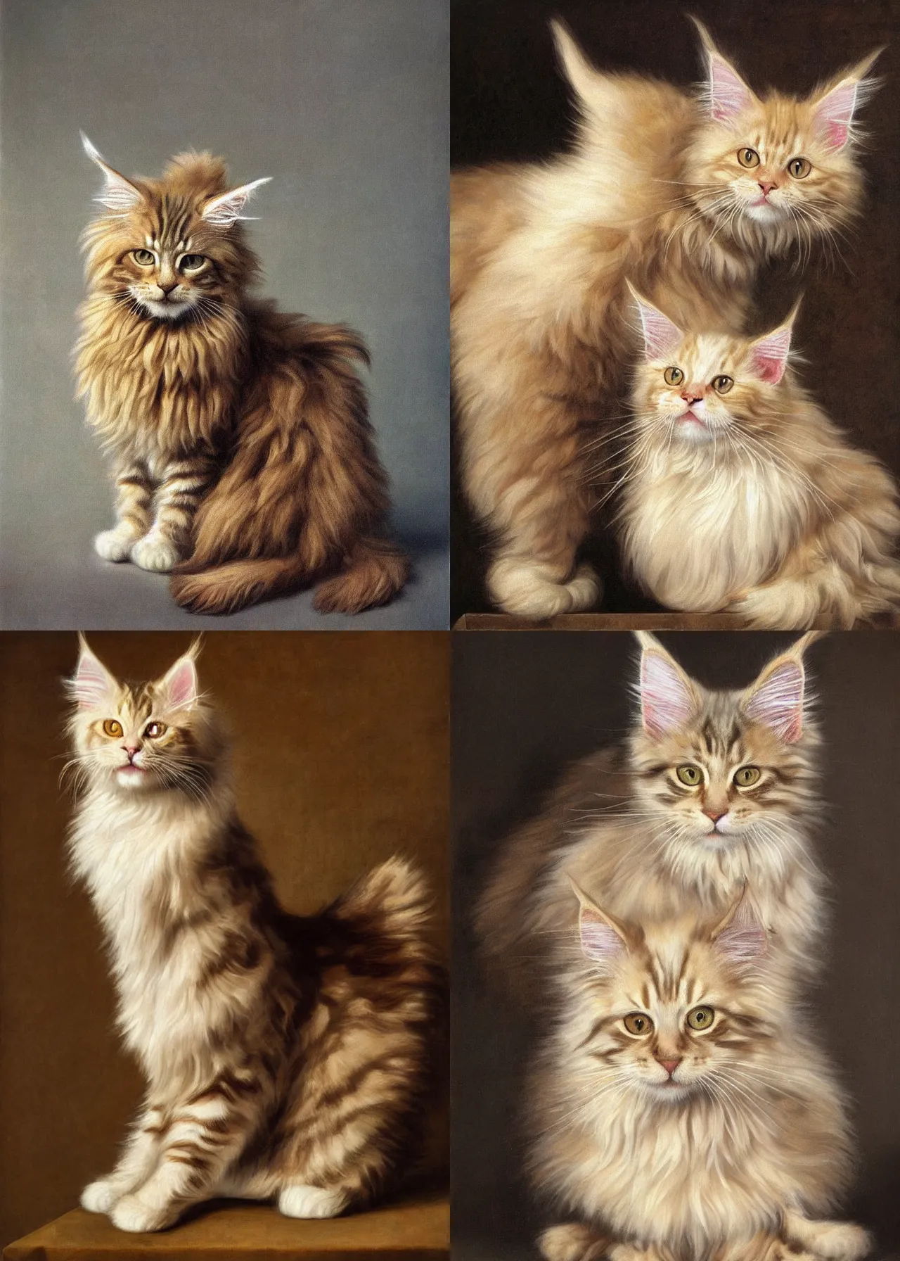 Prompt: a portrait of a cream colored Maine Coon kitty wearing a funny cat costume, full body shot, oil painting in a renaissance style ,Rembrandt lighting scheme ,light dark, dark background , epic, very detailed, dynamic contrast, painted by Artemia Gentileschi , Caravaggio, Titian, Rembrandt.
