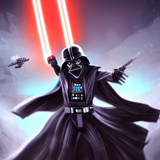 Image similar to beautiful digital painting of rick sanchez fighting darth vader. trending on artstation