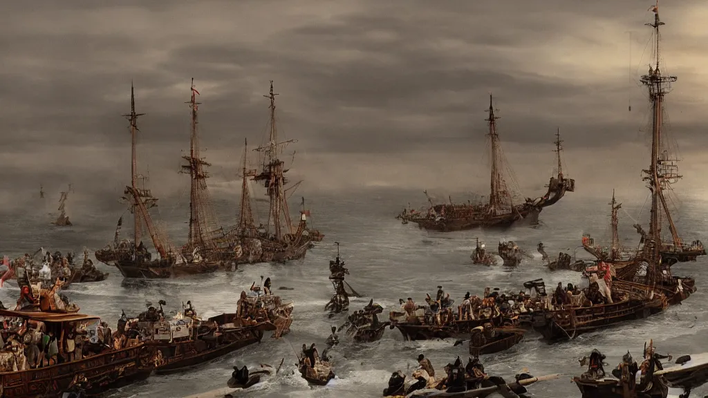 Image similar to Epic shot from a feature film depicting the arrival of the first Portuguese explorers to Japan, 4k