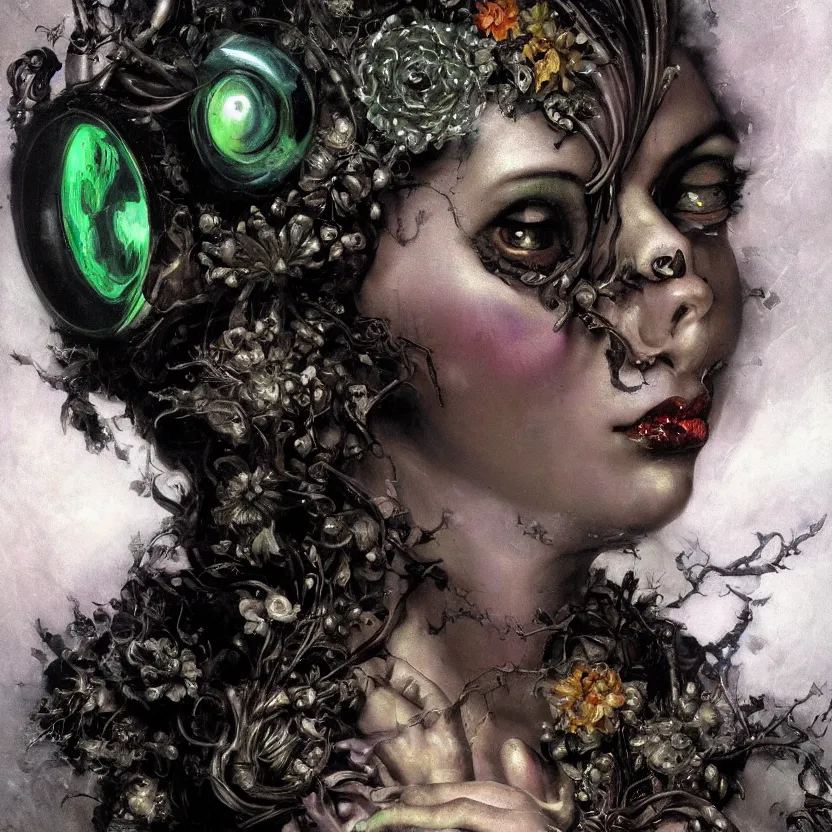 Prompt: baroque neoclassicist close - up portrait of an alien elf nymph with glowing eyes overgrown with flowers and cubes. iridescence. dark black ominous background, glowing atmosphere. highly detailed science fiction horror fantasy painting by norman rockwell, frank frazetta, and syd mead. rich colors, high contrast, gloomy atmosphere. trending on artstation and behance.