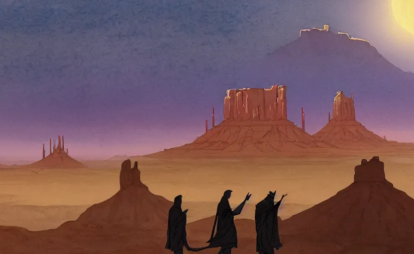 Prompt: a hyperrealist watercolor concept art of monument valley as a sci - fi futurist metropolis. a medieval monk in grey robes is in the foreground. golden hour. very muted colors, by rebecca guay, michael kaluta, charles vess. high detail, hq, wide shot, 4 k