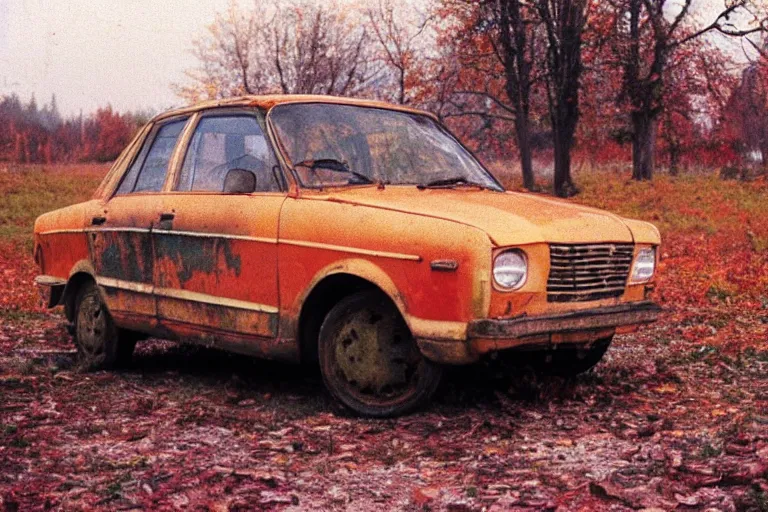 Image similar to a lomographic photo of old lada 2 1 0 7 standing in typical soviet yard in small town, autumn, cinestill, bokeh