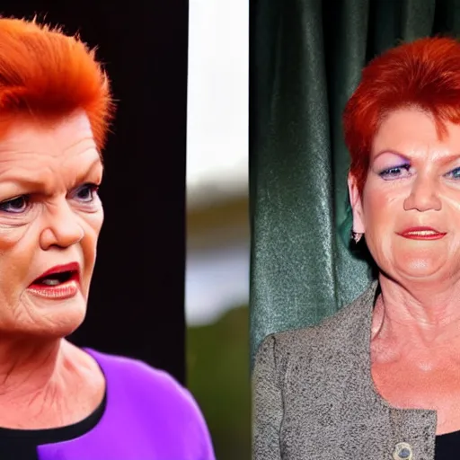 Image similar to Pauline Hanson unzipping her skin to reveal she is secretly a lizard people