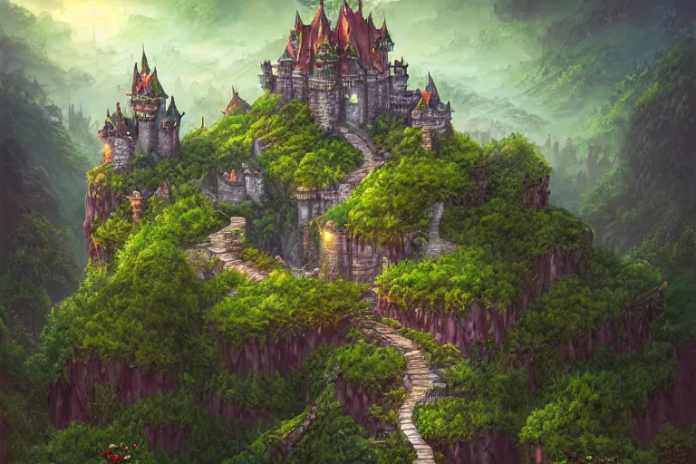 Prompt: cell shaded image of a fantasy single small castle, highly detailed, on lush green hills with a forest in the background, digital illustration, by Tony Sart, by Anato Finnstark