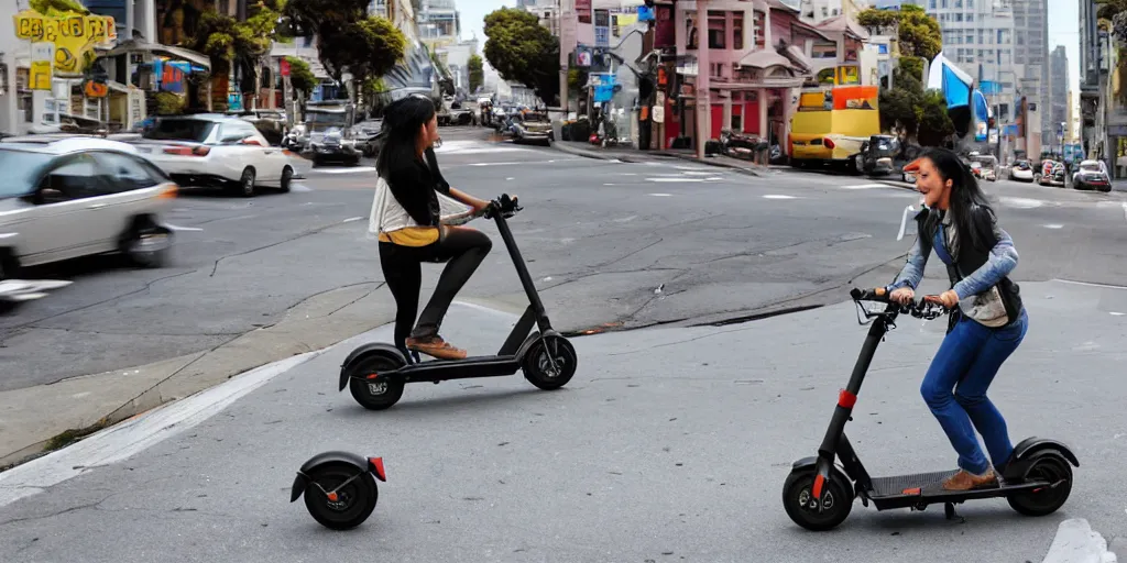 Prompt: cat riding electric scooter in san francisco, 80s cartoon style