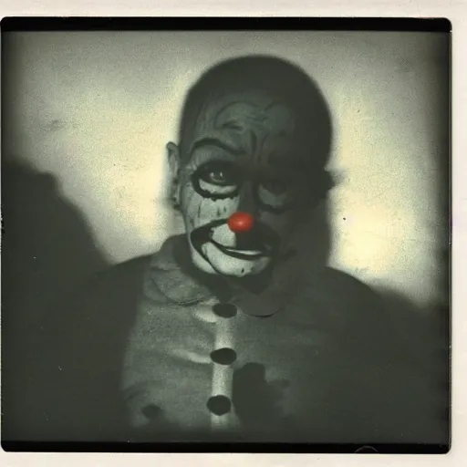 Prompt: dark Polaroid of creepy clown standing near playground