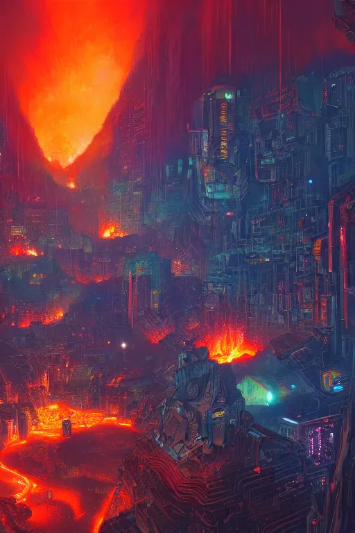 Image similar to a cyberpunk city in the crater of a volcano, lava flowing, smoke, fire, neon, industrial, by paul lehr, jesper ejsing