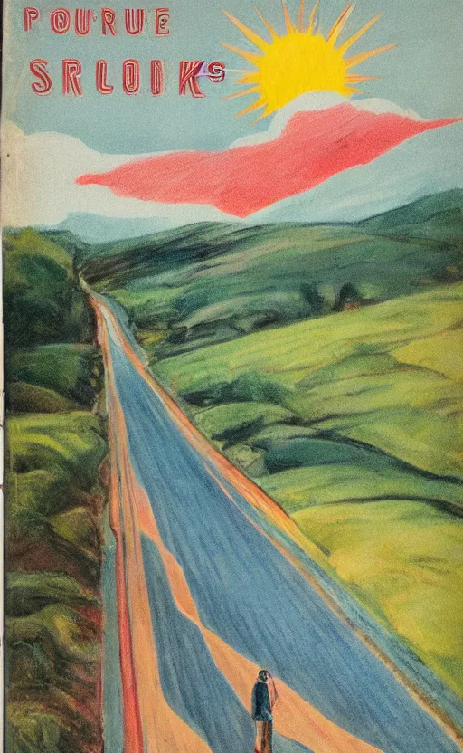 Image similar to paperback book cover. 1 9 5 0 s. pure colors, melting clouds, accurately drawn details, a sunburst above a receding road with the light reflected in furrows and ruts, after rain. and no girls.