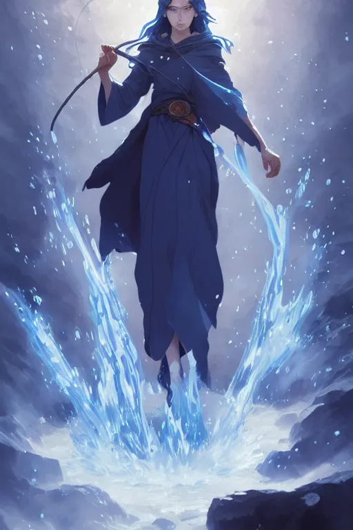 Image similar to elvish female sorcerer doing water magic spells, blue robes, red hair, finely detailed perfect face, exquisite details, mid view, design on a white background, by studio muti, greg rutkowski makoto shinkai takashi takeuchi studio ghibli