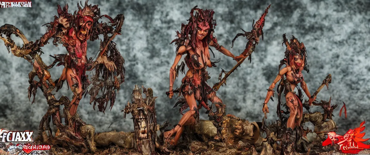 Image similar to craxula, the filipina demon from hell, actionfigure with play set with coffin and graveyard, photorealistic, hdr, 8 k, designed by hasbro mezco and yasushi nirasawa