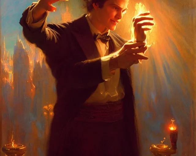 Image similar to attractive magician man, casting light magic, summoning a handsome god. highly detailed painting by gaston bussiere, craig mullins, j. c. leyendecker 8 k