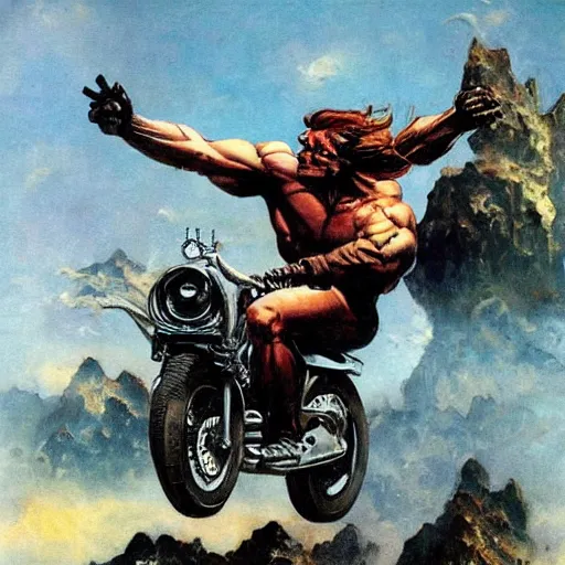 Image similar to muscular man riding motorcycle flying through the air from demons, into glory ride, artwork by Frank Frazetta