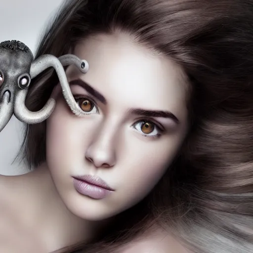 Prompt: A girl with a gray octopus for hair, very young and beautiful face, silver eyes, HD, hyper realistic