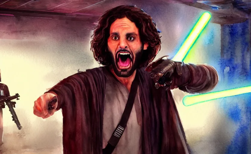 Image similar to an accurate realistic star wars watercolor fantasy concept art of a drug dealer that looks like chris d'elia screaming in a sleazy futuristic bar of coruscant, hq, 4 k