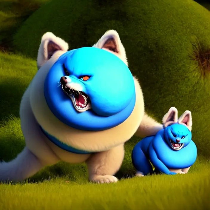 Image similar to a rotund and spherical anthropomorphic male blue dragon fursona being rolled up a hill by an anthropomorphic male husky, furry, round, sphere, 3 d render, unreal engine 5, octane render, soft colors, vivid, cute, 1 6 k