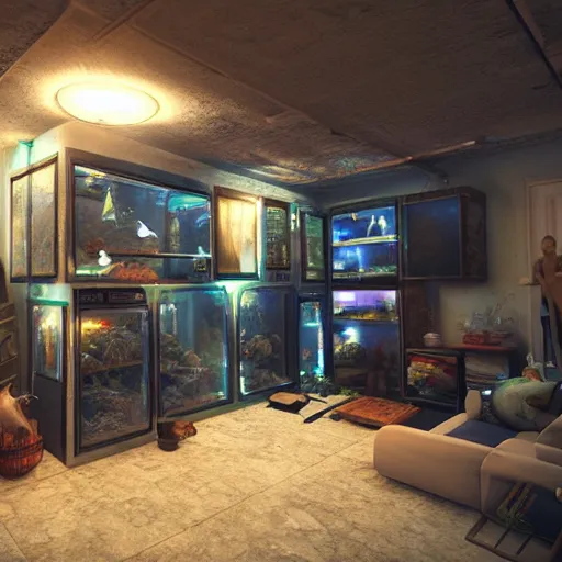Prompt: a house full of fish tanks, professional photo, professional lighting, trending on artstation, hdr, instagram photo, 8 k