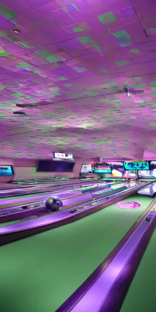 Image similar to a ufo themed bowling alley, green blue and purple color scheme, 1990s