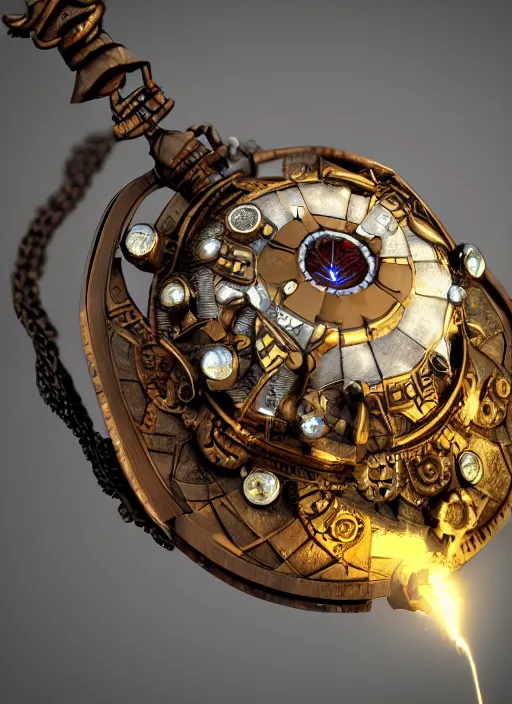 Image similar to a macro photo of amazing steampunk amulet with diamond jewel and small steam tubes, volumetric lightning, octane render, 4 k, hd, realistic reflections, extremely high detailed, soft lightning, trending on artstation, masterpiece, high resolution