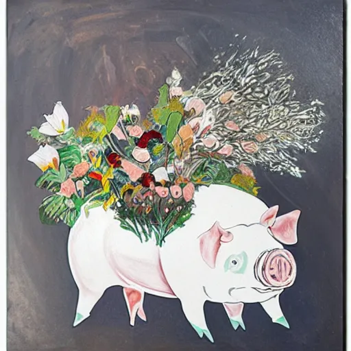 Image similar to “pig paintings and pig sculptures in a pig art gallery, pork, ikebana white flowers, white wax, squashed berries, acrylic and spray paint and oilstick on canvas, by munch and Dali”