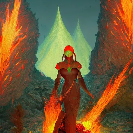 Image similar to illustrated portrait vogue designer Master Chief Sacrificing the Elves to a Volcano Volcano God Volvo Altar made of pinecones and fire kenny scharf giorgio de chirico marc simonetti greg rutkowski james gilleard anton semenov