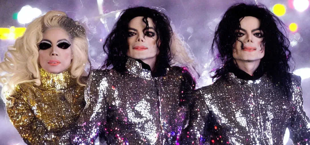 Image similar to Michael Jackson and Lady Gaga in a futuristic sparkly electric music video, 4K Vevo 2012