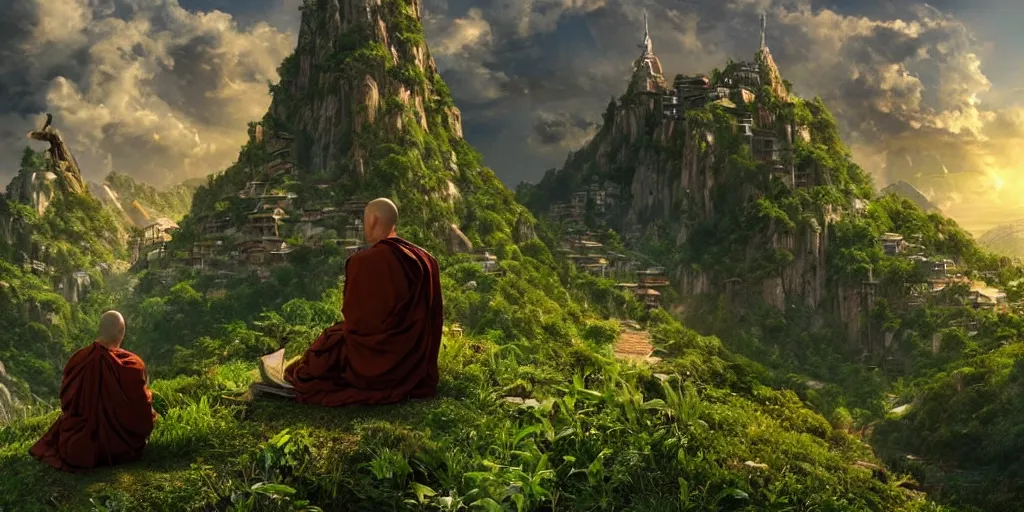 Prompt: a cinematic composition where a monk sits atop a mountain radiating his transformative energy to shift the cyberpunk civilization in the valley to a lush green overgrowing solarpunk civilization that is on top of the mountain