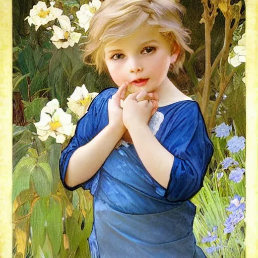 Prompt: a cute three year old boy with short straight blonde hair and blue eyes in a lovely garden, beautiful painting by artgerm and greg rutkowski and alphonse mucha, highly detailed face