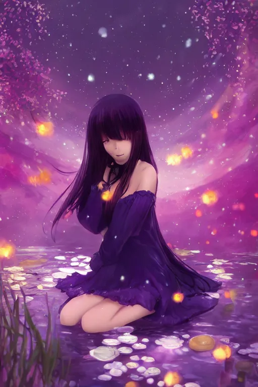 Image similar to whimsical, anime, 4k, beautiful intimate woman with professional makeup, long purple hair, a crystal and flower dress, sitting in on a reflective pond underneath the stars, rainbow fireflies, trending on patreon, deviantart, twitter, artstation, subtle and detailed, heavy contrast, art style of Ross Tran and Ilya Kuvshinov