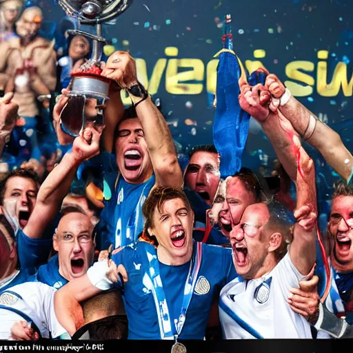 Prompt: Photograph of Humans celebrate after defeating a team of Aliens in the final of the Intergalactic Football Cup Final, sci-fi, unique, award winning photograph, detailed