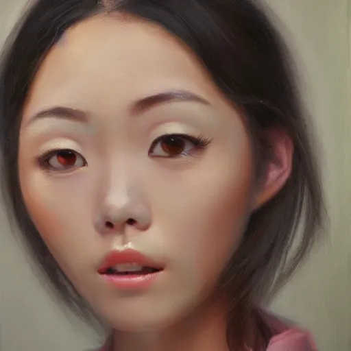 Prompt: perfect, realistic oil painting of close-up japanese girl face, by an American professional senior artist, Hollywood concept, dynamic composition and motion, postproduction.