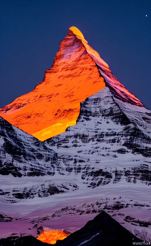 Image similar to a photo at nighttime of a powerful llumination of the matterhorn in the colors of indian flag, orange top, white middle, green base. projected illuminated on the matterhorn mountain at night