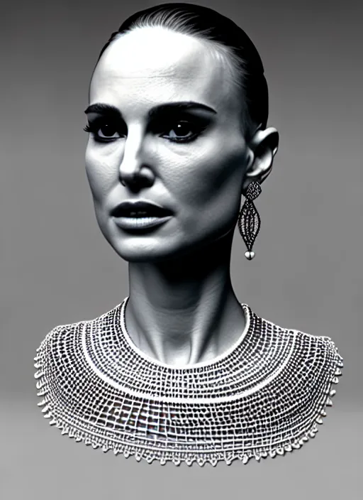 Image similar to 3 d printed model of an absurdly beautiful, graceful, sophisticated, fashionable woman, natalie portman, facial tattoos, in the style of irakli nadar and alexandre ferra and popovy sisters, intricate linework, white porcelain skin, faberge, intricate chrome chains, dark atmosphere, unreal engine 5 highly rendered, global illumination, radiant light, detailed and intricate environment