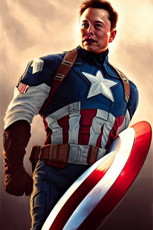 Image similar to elon musk as captain america, marvel character, portrait, highly detailed, digital painting, artstation, concept art, smooth, sharp focus, illustration, cinematic lighting, art by artgerm and greg rutkowski and alphonse mucha