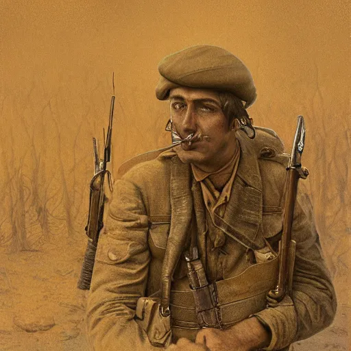 Image similar to a detailed photorealistic sepia - toned color portrait painting of a 1 9 1 7 worried clean - shaven british lieutenant in field gear from the arab bureau in wadi rum, ultra realistic, intricate details, atmospheric, dark, brooding, highly detailed, by clyde caldwell